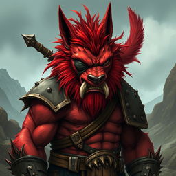 An imposing red orc-werewolf hybrid barbarian, with a rugged eye patch covering one eye