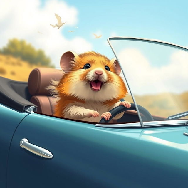 A cheerful hamster embarks on a journey, driving his own convertible car