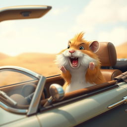 A cheerful hamster embarks on a journey, driving his own convertible car