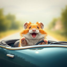 A cheerful hamster embarks on a journey, driving his own convertible car