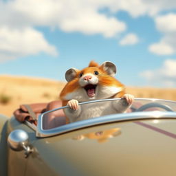 A cheerful hamster embarks on a journey, driving his own convertible car