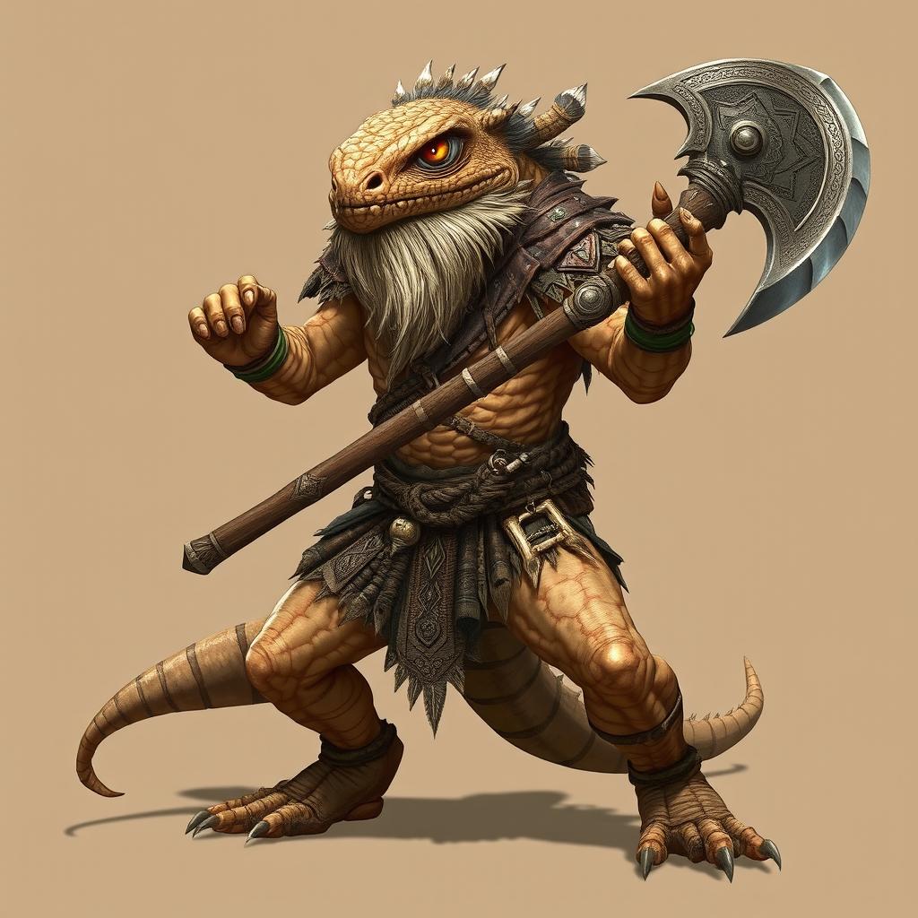 A fierce lizardfolk barbarian inspired by the appearance of a bearded dragon, displaying rugged, scaly skin with sandy hues and intricate patterns