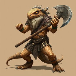 A fierce lizardfolk barbarian inspired by the appearance of a bearded dragon, displaying rugged, scaly skin with sandy hues and intricate patterns