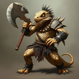 A fierce lizardfolk barbarian inspired by the appearance of a bearded dragon, displaying rugged, scaly skin with sandy hues and intricate patterns