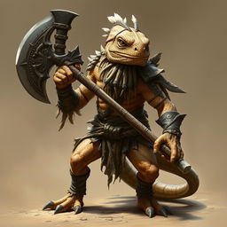 A fierce lizardfolk barbarian inspired by the appearance of a bearded dragon, displaying rugged, scaly skin with sandy hues and intricate patterns