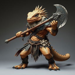 A fierce lizardfolk barbarian inspired by the appearance of a bearded dragon, displaying rugged, scaly skin with sandy hues and intricate patterns