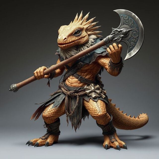 A fierce lizardfolk barbarian inspired by the appearance of a bearded dragon, displaying rugged, scaly skin with sandy hues and intricate patterns