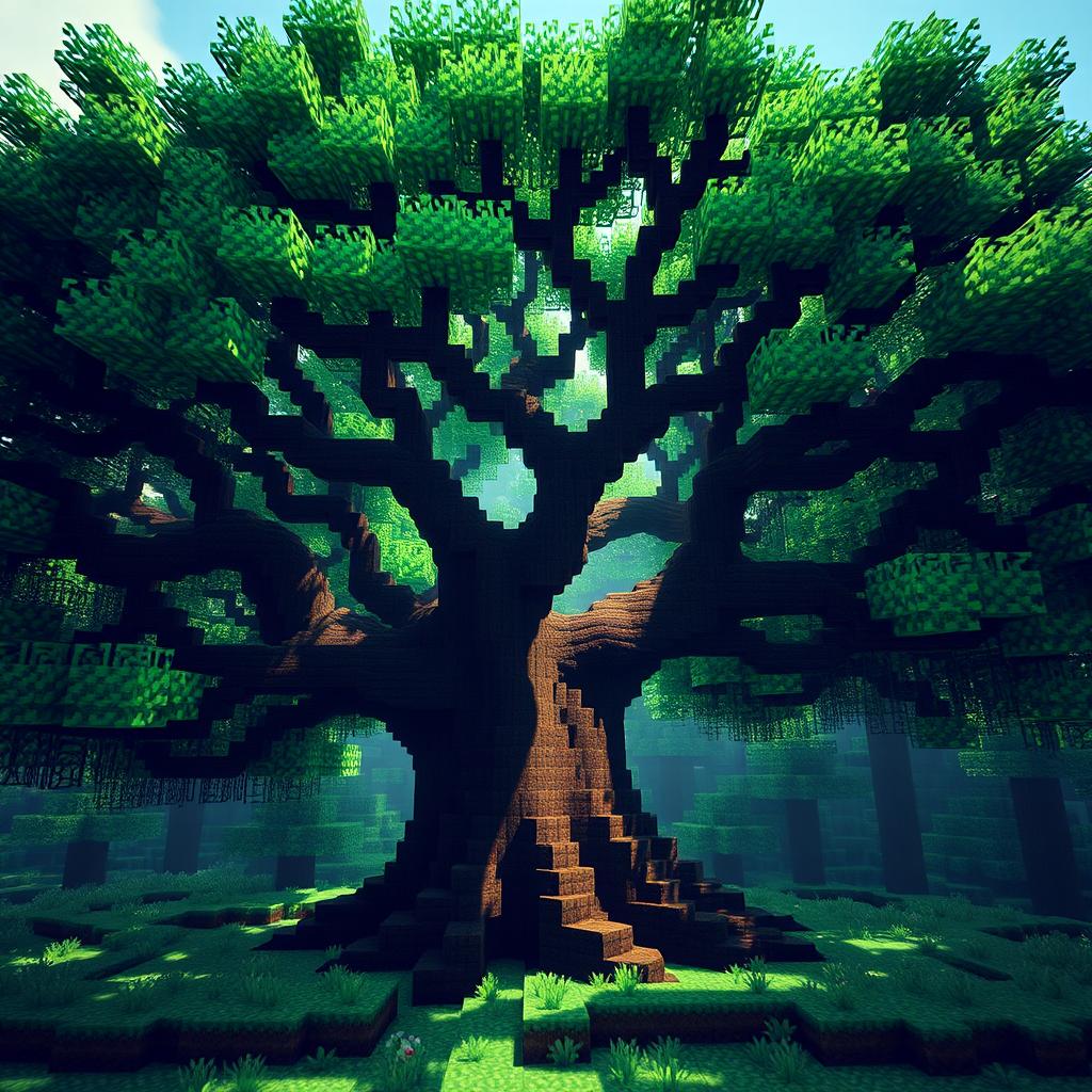 a majestic tree with intricate branches and lush emerald leaves, set in a Minecraft-style blocky environment, the tree's canopy casts a gentle shade over the pixelated grass below, creating a serene and captivating scene that highlights the vibrant textures and colors unique to the Minecraft world