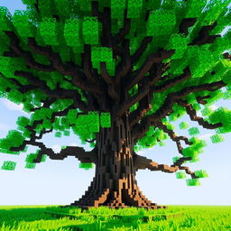 a majestic tree with intricate branches and lush emerald leaves, set in a Minecraft-style blocky environment, the tree's canopy casts a gentle shade over the pixelated grass below, creating a serene and captivating scene that highlights the vibrant textures and colors unique to the Minecraft world