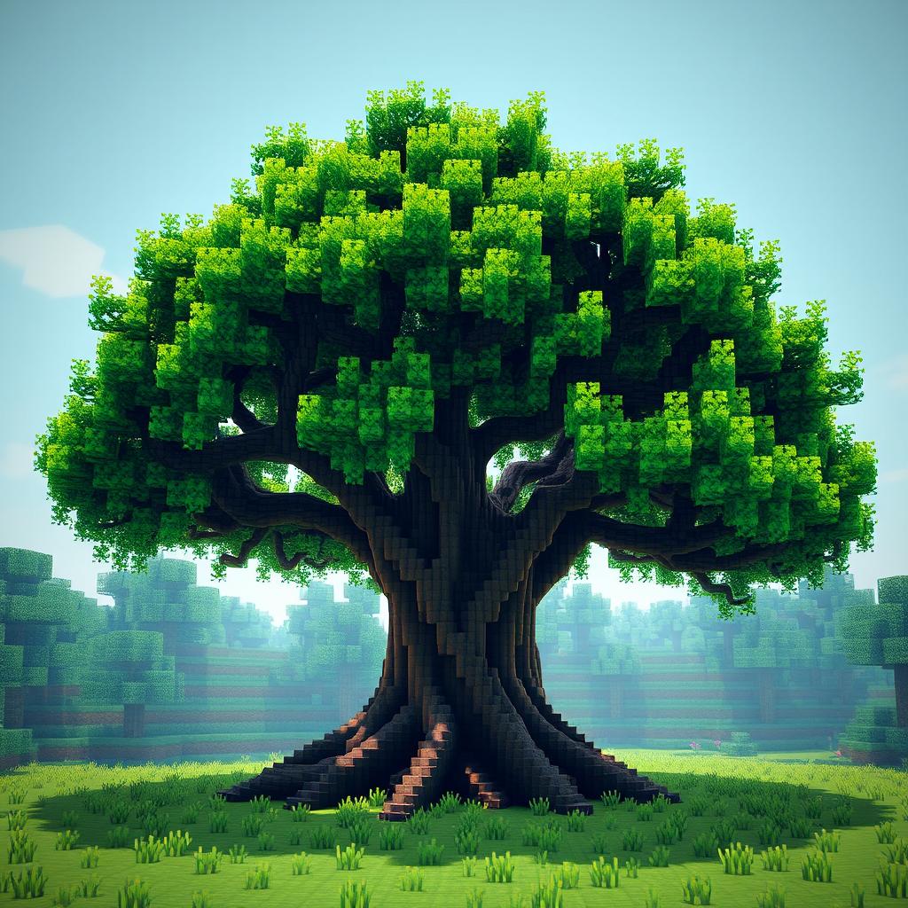 a majestic tree with intricate branches and lush emerald leaves, set in a Minecraft-style blocky environment, the tree's canopy casts a gentle shade over the pixelated grass below, creating a serene and captivating scene that highlights the vibrant textures and colors unique to the Minecraft world