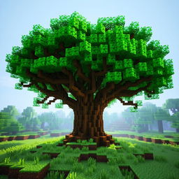 a majestic tree with intricate branches and lush emerald leaves, set in a Minecraft-style blocky environment, the tree's canopy casts a gentle shade over the pixelated grass below, creating a serene and captivating scene that highlights the vibrant textures and colors unique to the Minecraft world