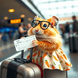 A cute hamster at the airport boarding a plane, holding a suitcase and a plane ticket in his paws