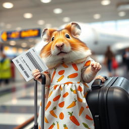 A cute hamster at the airport boarding a plane, holding a suitcase and a plane ticket in his paws