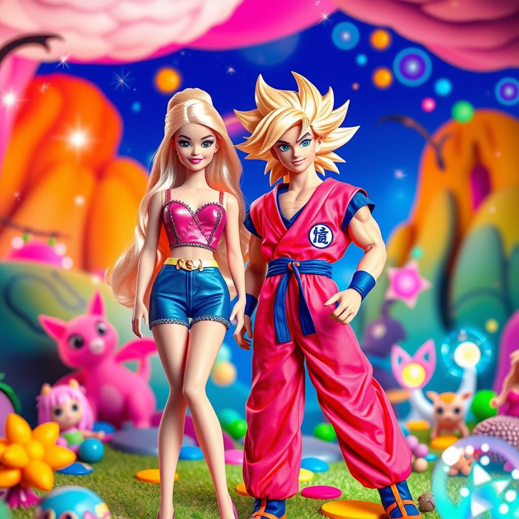 A vibrant and imaginative scene featuring Barbie and Son Goku together in a colorful, fantastical environment