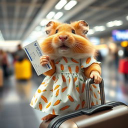 A cute hamster at the airport boarding a plane, holding a suitcase and a plane ticket in his paws