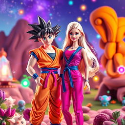 A vibrant and imaginative scene featuring Barbie and Son Goku together in a colorful, fantastical environment