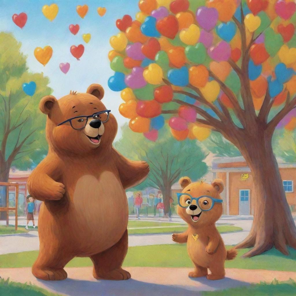 A cartoon-style, jovial scene where a brown bear with glasses encounters his love interest, another cute bear, under a large, whimsical, colorful tree within a playful schoolyard setting, capturing pure cartoon love.