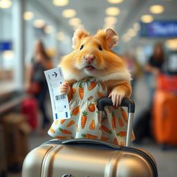 A cute hamster at the airport boarding a plane, holding a suitcase and a plane ticket in his paws