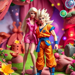 A vibrant and imaginative scene featuring Barbie and Son Goku together in a colorful, fantastical environment