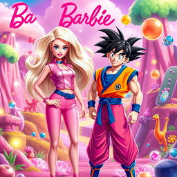 A vibrant and imaginative scene featuring Barbie and Son Goku together in a colorful, fantastical environment