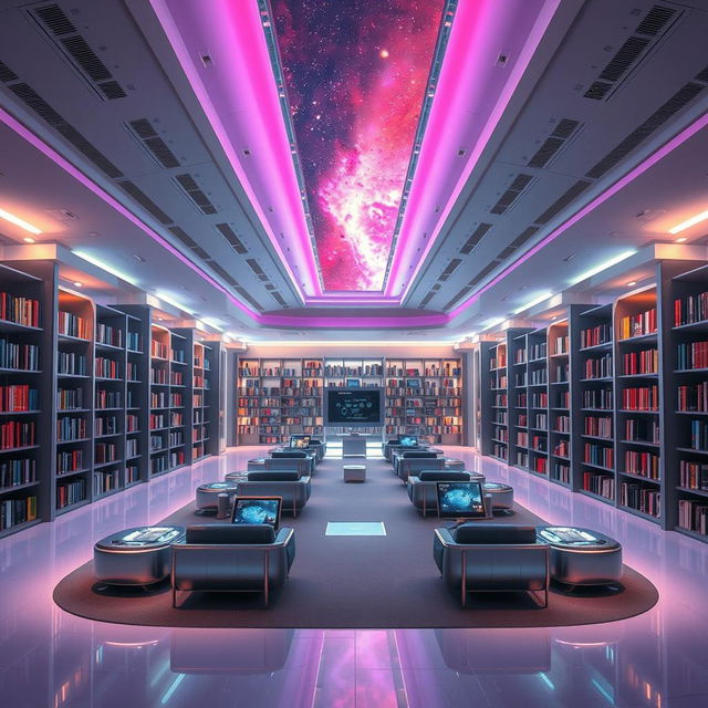 A futuristic and modern library set in a space-themed environment, featuring sleek architectural lines, floating bookshelves, and advanced digital interfaces