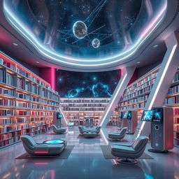 A futuristic and modern library set in a space-themed environment, featuring sleek architectural lines, floating bookshelves, and advanced digital interfaces