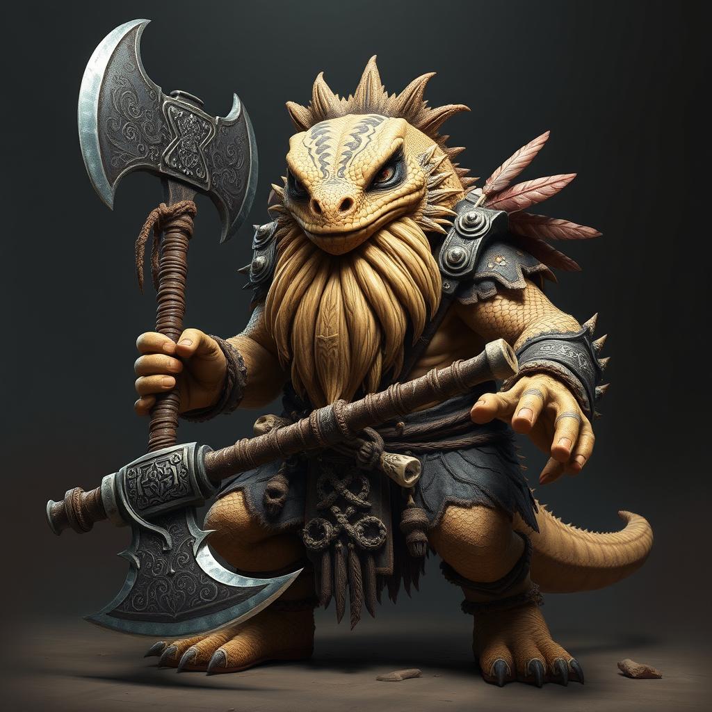 A fierce lizardfolk barbarian inspired by the appearance of a bearded dragon, with a prominently puffed out beard adding to its formidable look