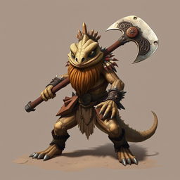 A fierce lizardfolk barbarian inspired by the appearance of a bearded dragon, with a prominently puffed out beard adding to its formidable look