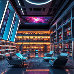 A futuristic and modern library set in a space-themed environment, featuring sleek architectural lines, floating bookshelves, and advanced digital interfaces