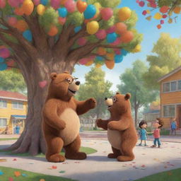 A cartoon-style, jovial scene where a brown bear with glasses encounters his love interest, another cute bear, under a large, whimsical, colorful tree within a playful schoolyard setting, capturing pure cartoon love.