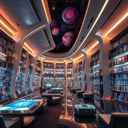 A futuristic and modern library set in a space-themed environment, featuring sleek architectural lines, floating bookshelves, and advanced digital interfaces