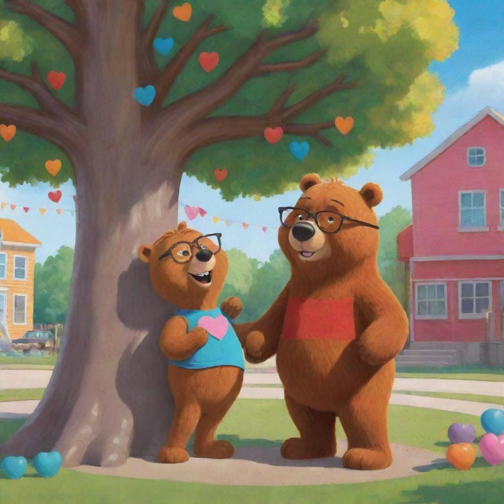 A cartoon-style, jovial scene where a brown bear with glasses encounters his love interest, another cute bear, under a large, whimsical, colorful tree within a playful schoolyard setting, capturing pure cartoon love.