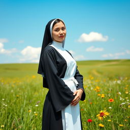 A young, attractive Catholic nun standing gracefully in an open countryside, exuding serenity and calmness