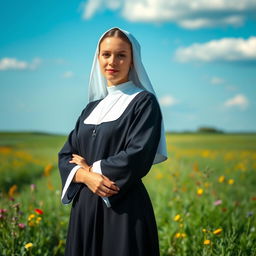 A young, attractive Catholic nun standing gracefully in an open countryside, exuding serenity and calmness