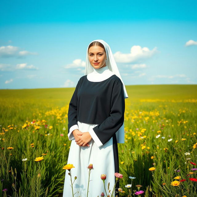 A young, attractive Catholic nun standing gracefully in an open countryside, exuding serenity and calmness