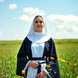 A young, attractive Catholic nun standing gracefully in an open countryside, exuding serenity and calmness