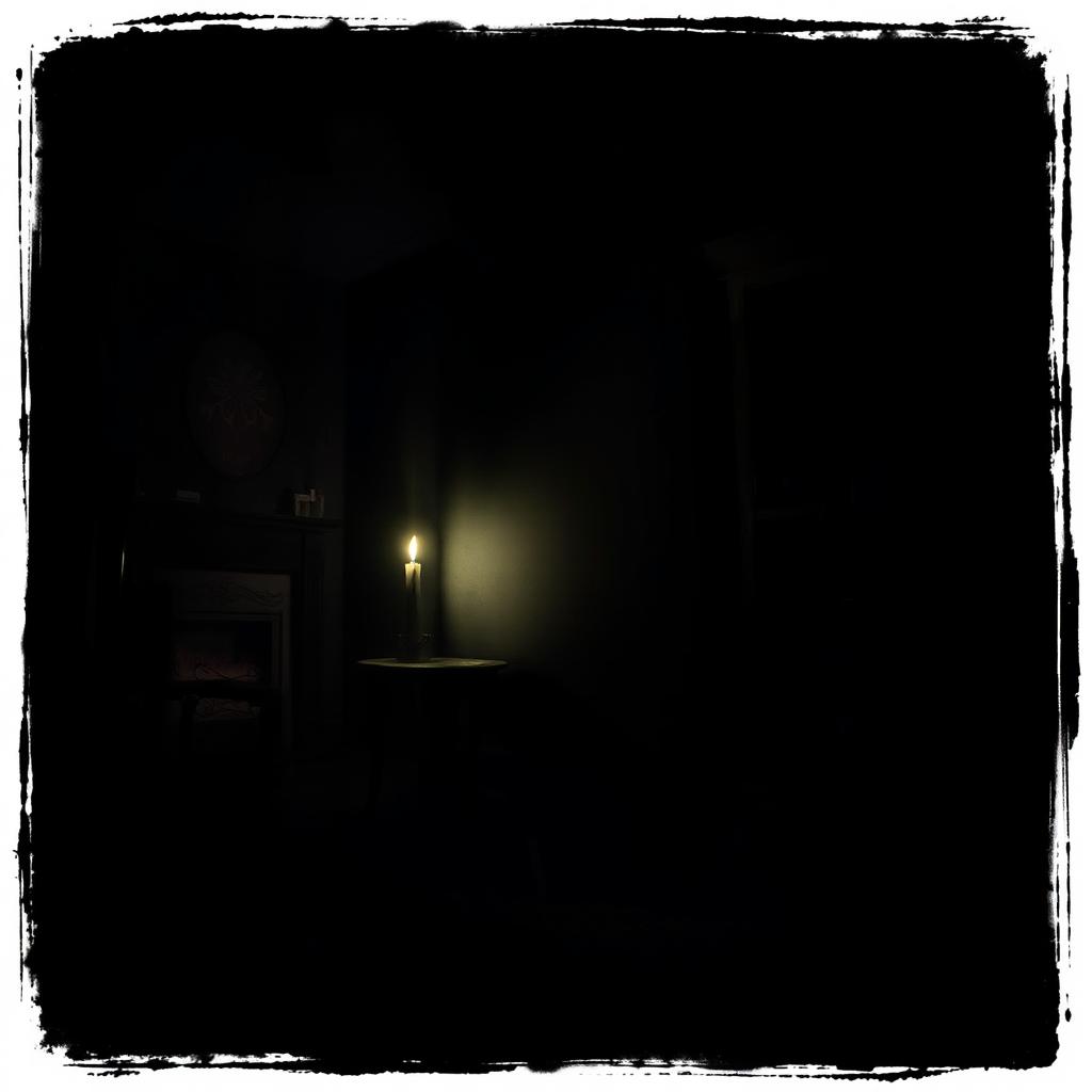 An enigmatic and mysterious house set in a dimly lit environment, with a focus on a dark, shadowy room illuminated solely by the flickering glow of a candle