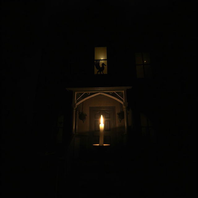 An enigmatic and mysterious house set in a dimly lit environment, with a focus on a dark, shadowy room illuminated solely by the flickering glow of a candle