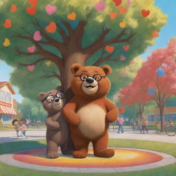 A cartoon-style, jovial scene where a brown bear with glasses encounters his love interest, another cute bear, under a large, whimsical, colorful tree within a playful schoolyard setting, capturing pure cartoon love.