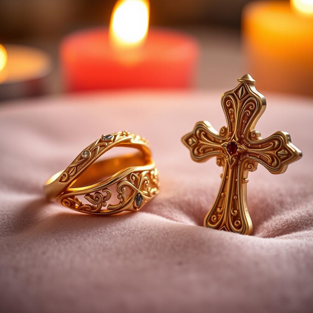 An intricately designed golden ring beside a beautifully crafted cross, symbolizing romance and faith intertwined