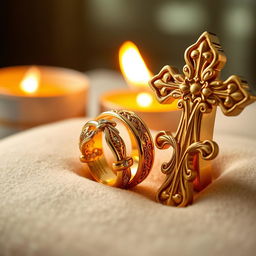 An intricately designed golden ring beside a beautifully crafted cross, symbolizing romance and faith intertwined