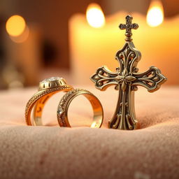 An intricately designed golden ring beside a beautifully crafted cross, symbolizing romance and faith intertwined