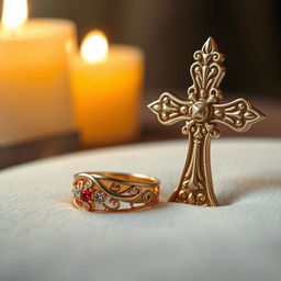 An intricately designed golden ring beside a beautifully crafted cross, symbolizing romance and faith intertwined