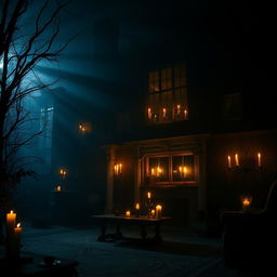 A mysterious house enveloped in darkness, with attention to an entire dimly lit room illuminated by the warm, dancing light of candles