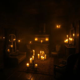 A mysterious house enveloped in darkness, with attention to an entire dimly lit room illuminated by the warm, dancing light of candles