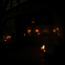 A mysterious house enveloped in darkness, with attention to an entire dimly lit room illuminated by the warm, dancing light of candles