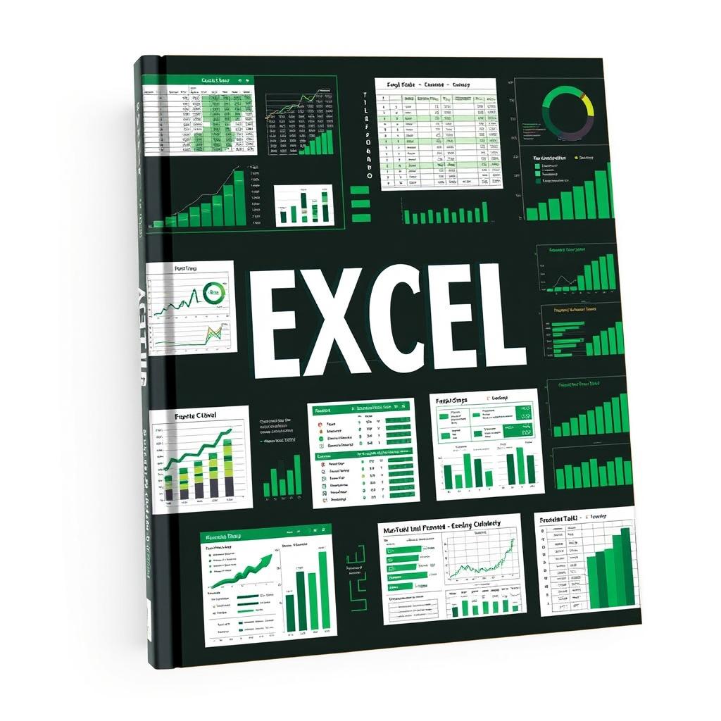 A book cover design showcasing various Excel spreadsheet forms in dark green shades