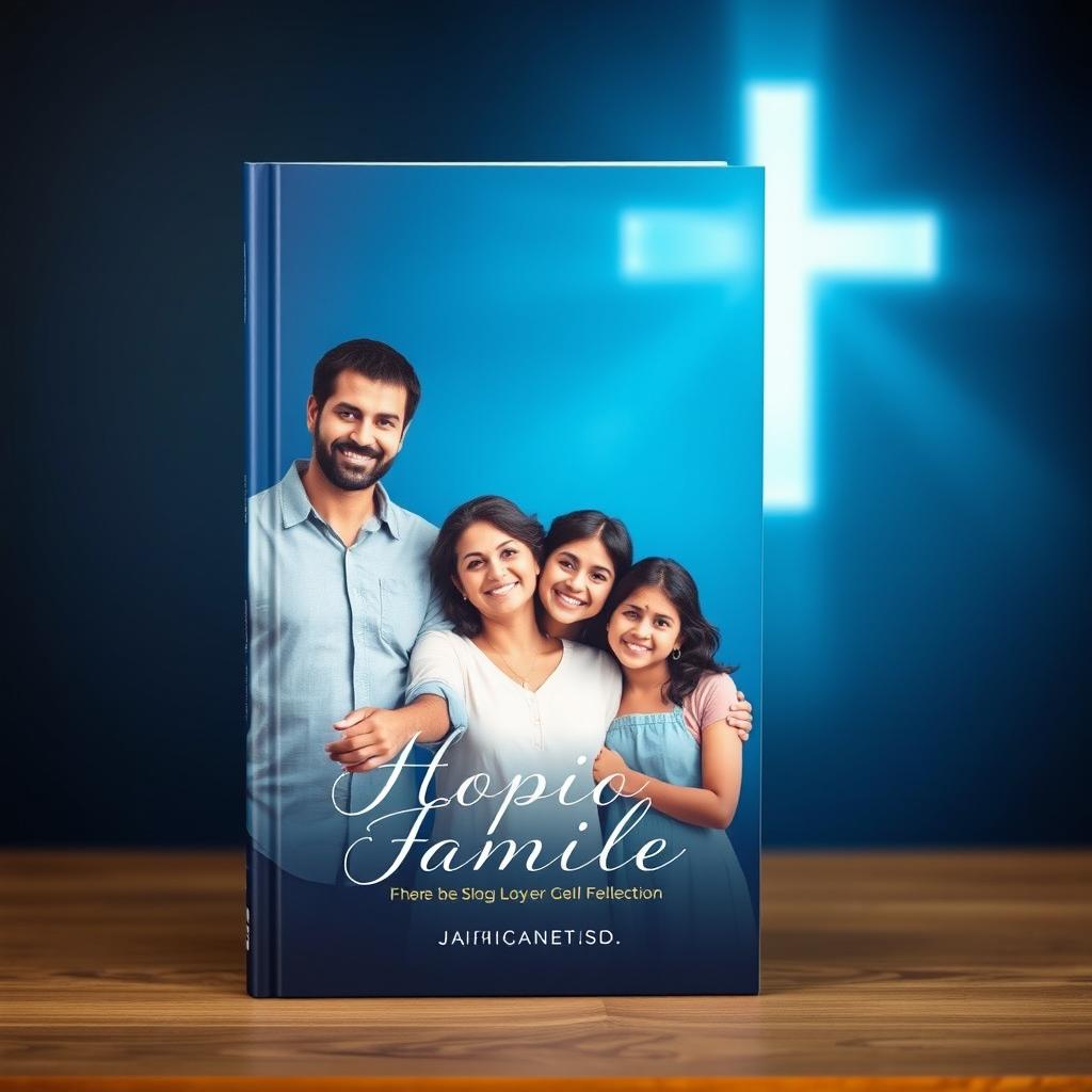 A modern book cover featuring a loving family standing together with a serene, deep blue backdrop