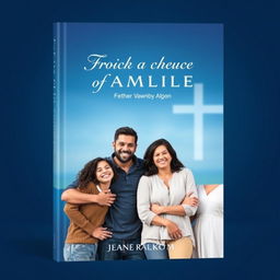 A modern book cover featuring a loving family standing together with a serene, deep blue backdrop