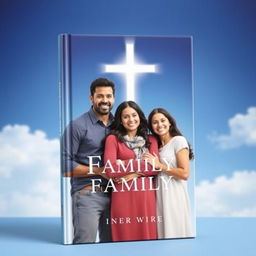 A modern book cover featuring a loving family standing together with a serene, deep blue backdrop